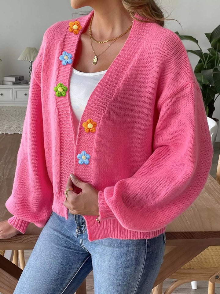 Floral applique open front knit cardigan with ribbed trim