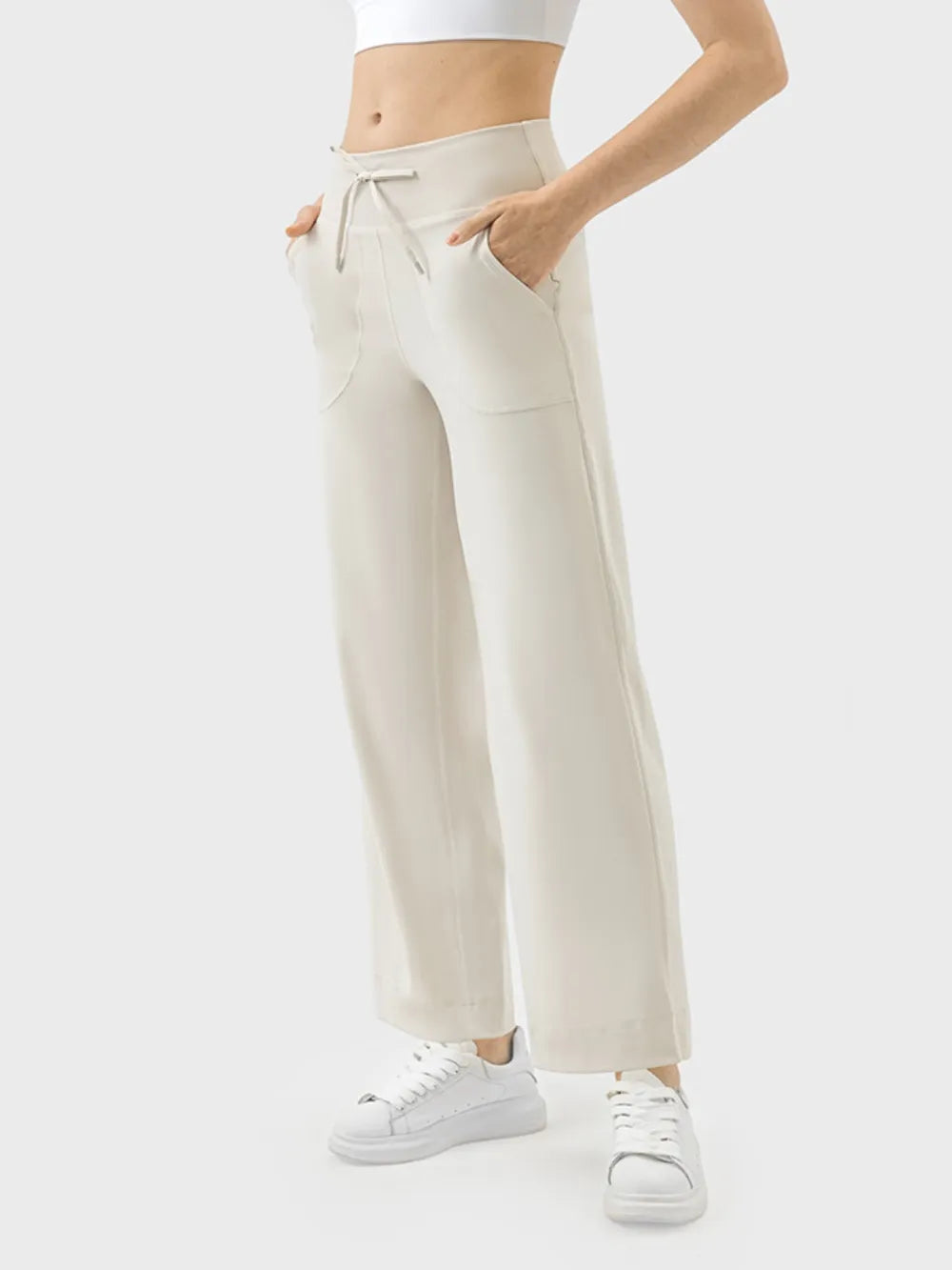 Wide-leg drawstring active pants with pockets