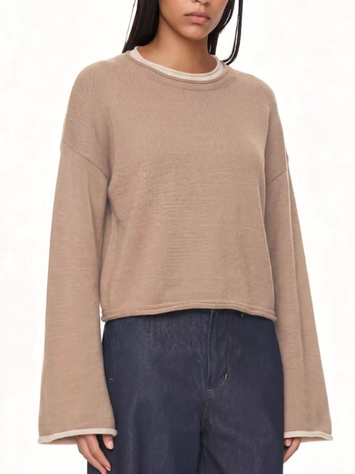 Drop shoulder crew neck sweater with contrast trim