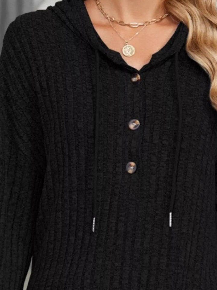 Ribbed knit henley hoodie with drawstring hood