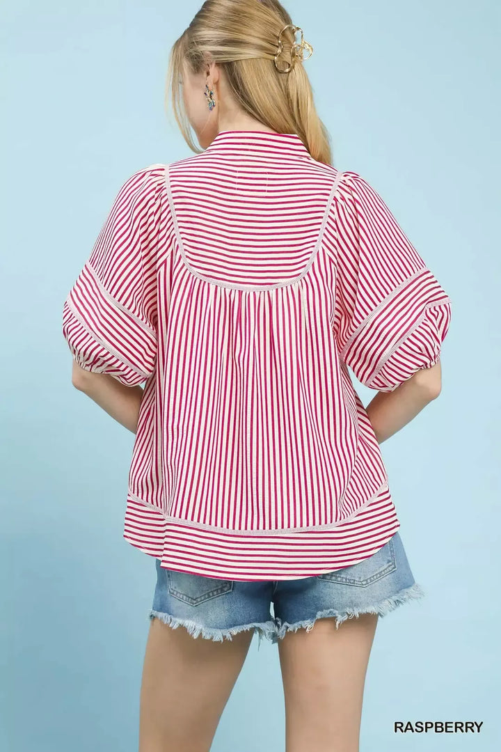 Striped puff sleeve babydoll top with notch collar