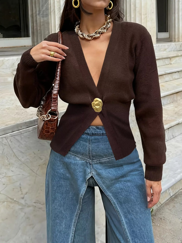 Chocolate Gold-button deep V-neck knit cardigan with split hem
