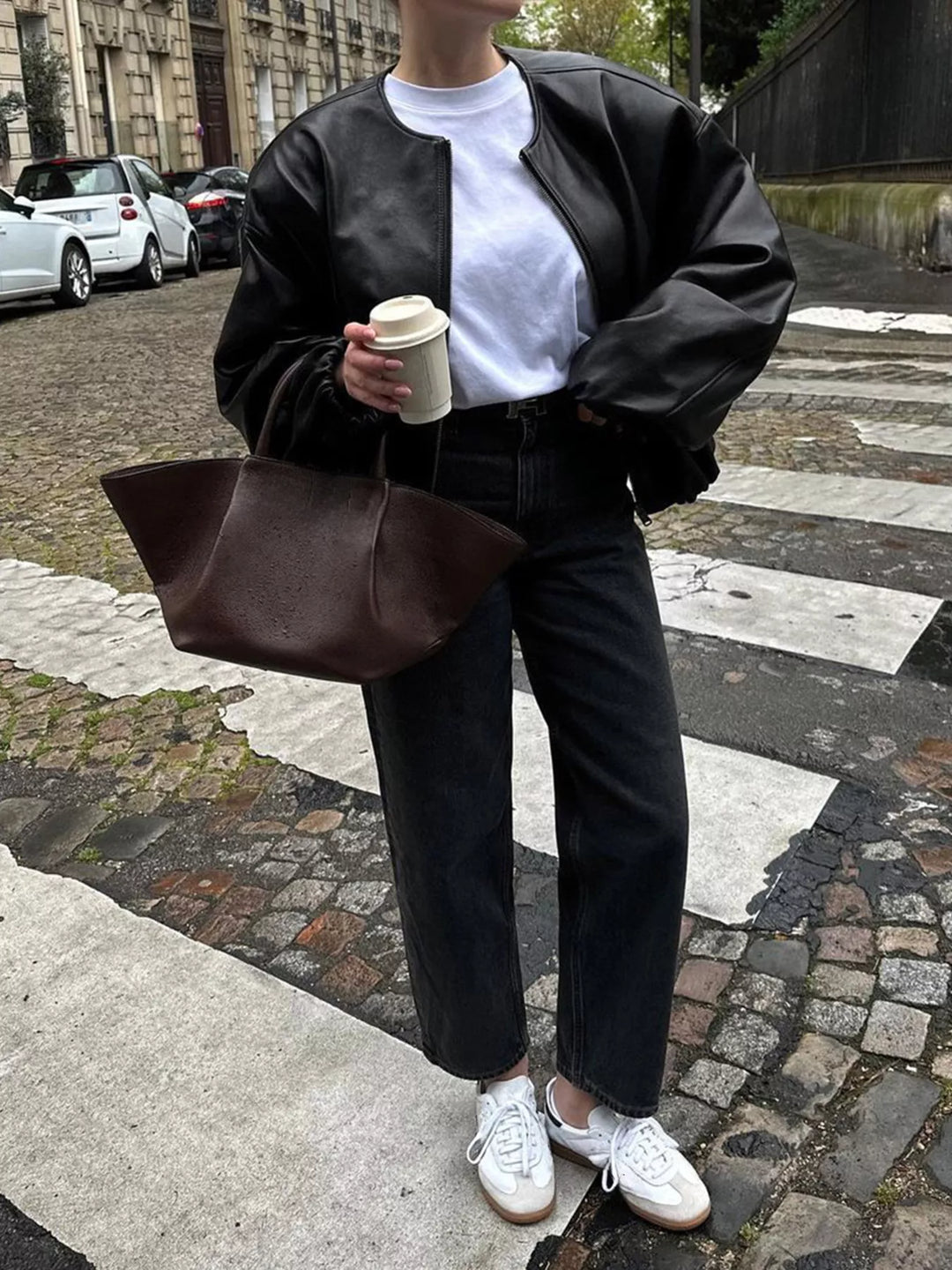 Cropped faux leather zip-up bomber jacket