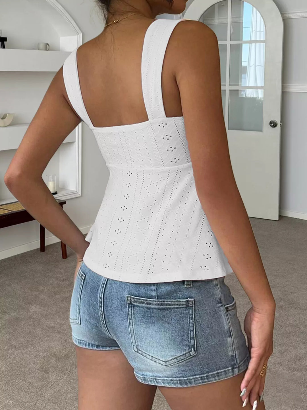 Eyelet cami with drawstring tie-front and sweetheart neckline