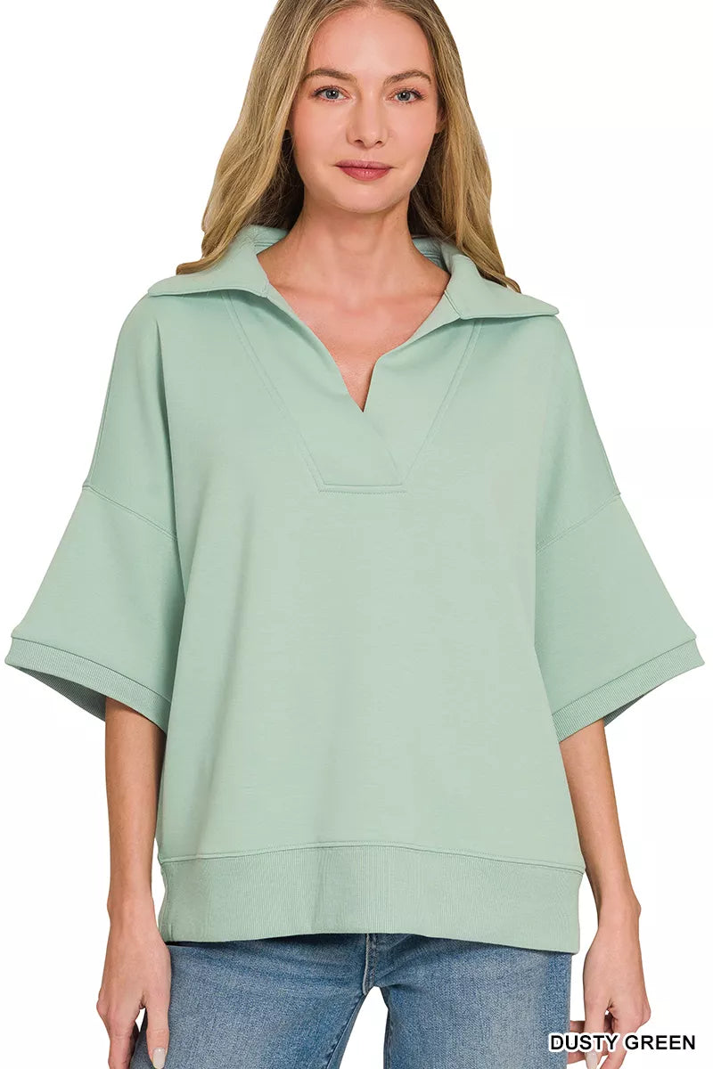 DUSTY GREEN Scuba knit collared short sleeve pullover
