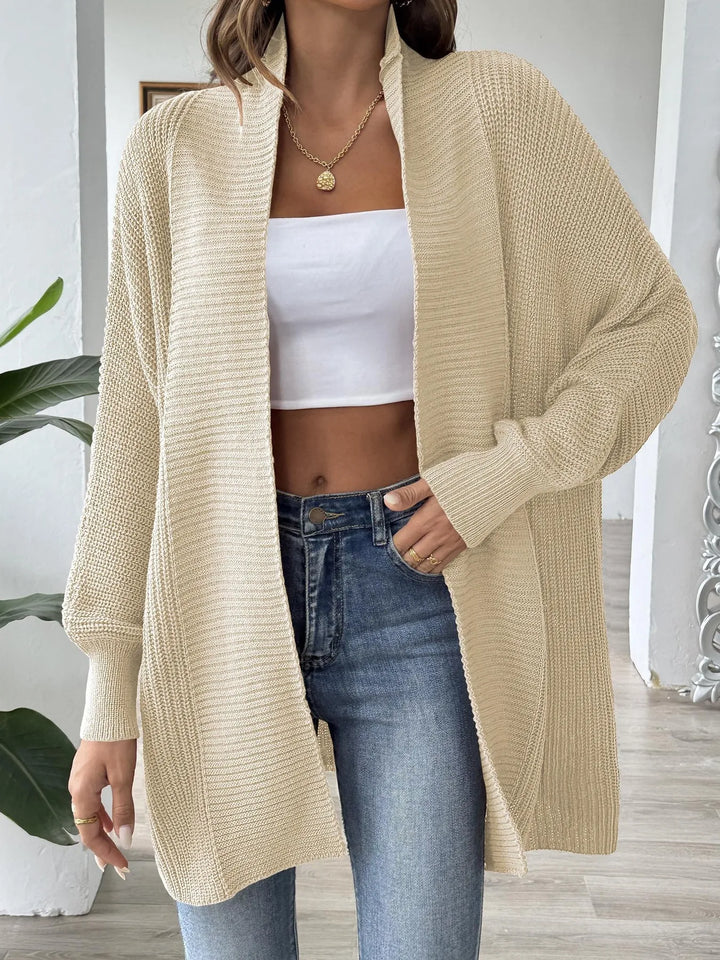 Waffle knit open front cardigan with dolman sleeves