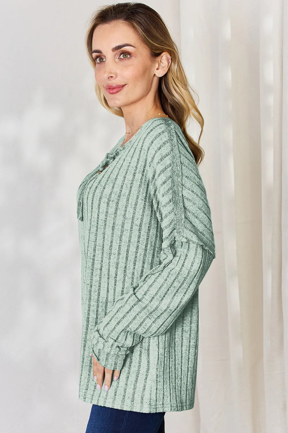 Ribbed knit half-button henley long sleeve top