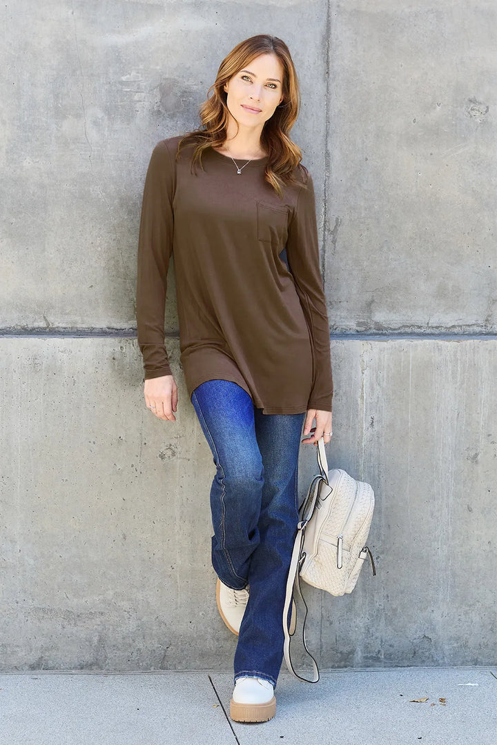 Long sleeve round neck tunic top with chest pocket