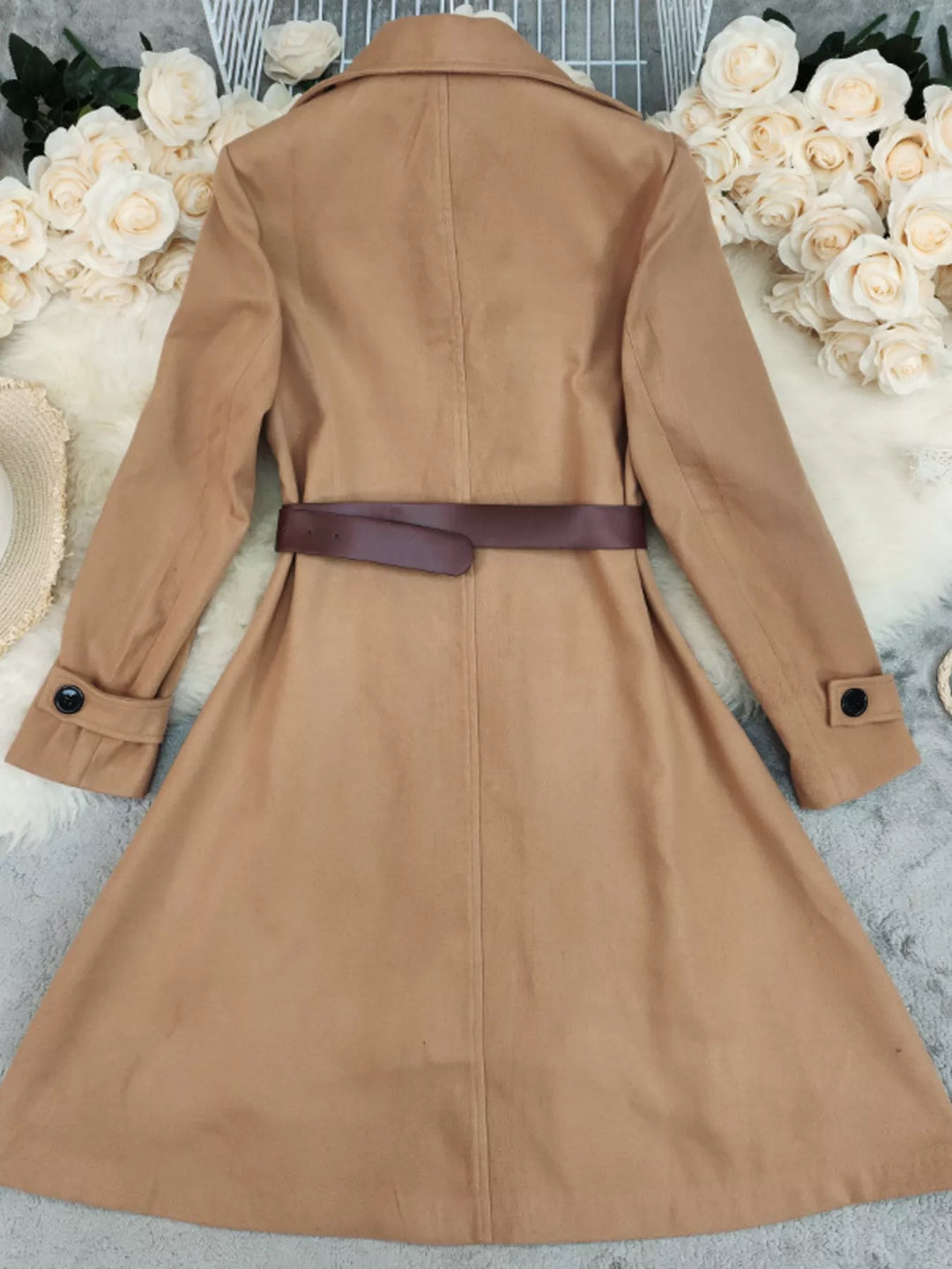 Double-breasted belted midi coat with notch lapel