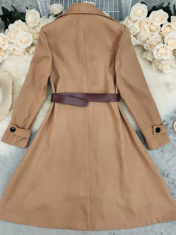 Double-breasted belted midi coat with notch lapel