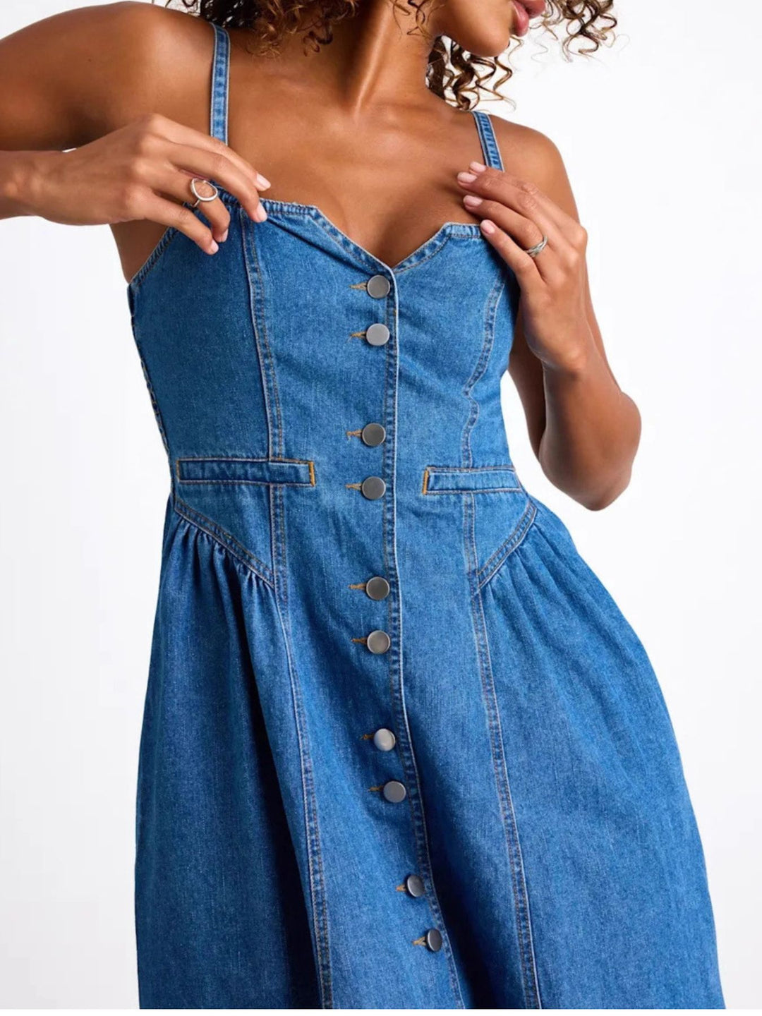 Button-front denim midi dress with sweetheart neckline and pockets