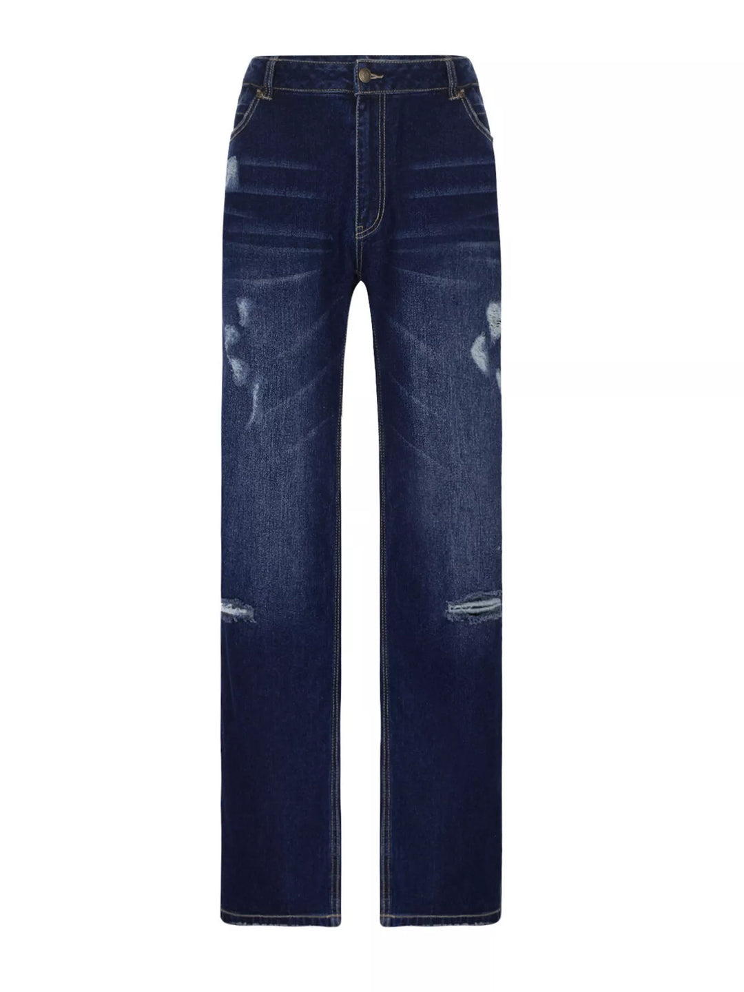 Distressed loose fit straight leg jeans with raw hem