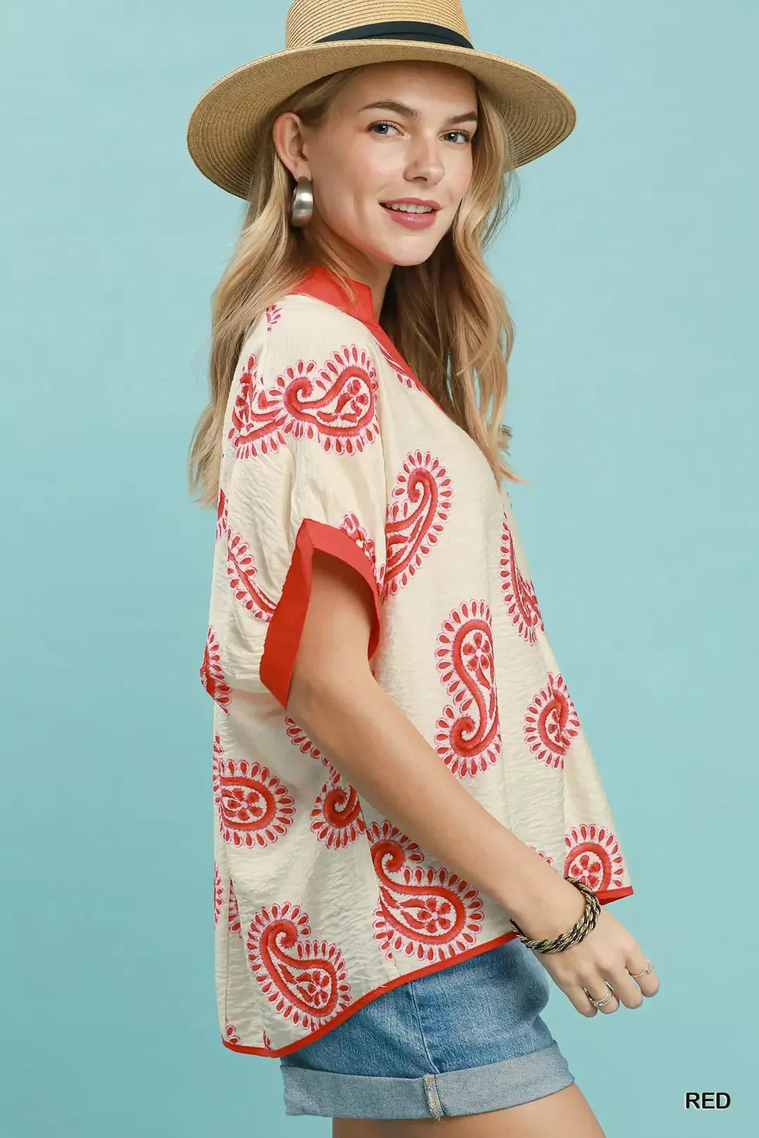 Paisley print short sleeve top with contrast trim