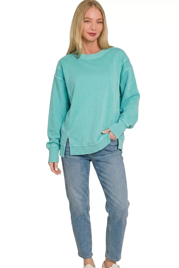 Exposed-seam pigment-dye crew neck fleece sweatshirt