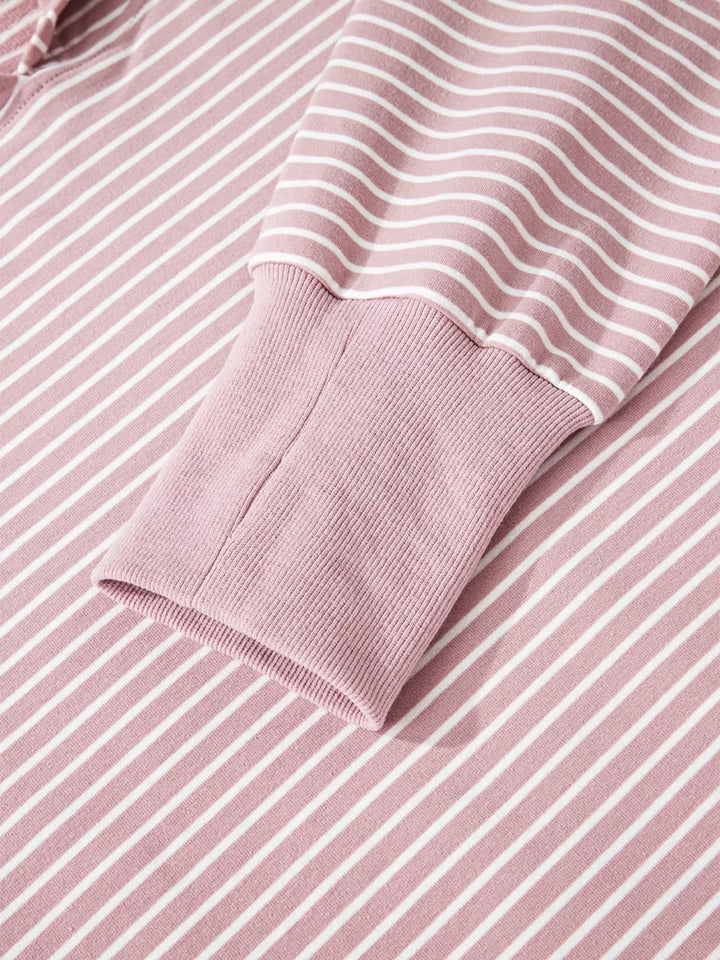Striped drop-shoulder hoodie with thumbhole cuffs and side slits