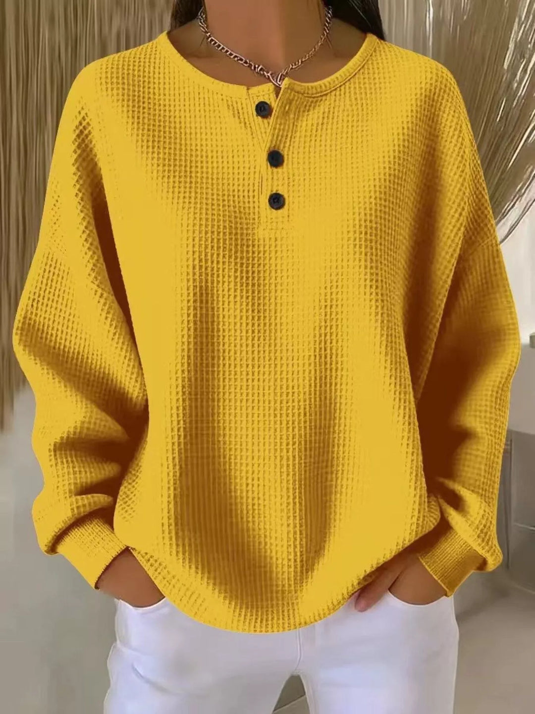 Yellow Waffle knit long sleeve henley top with button placket