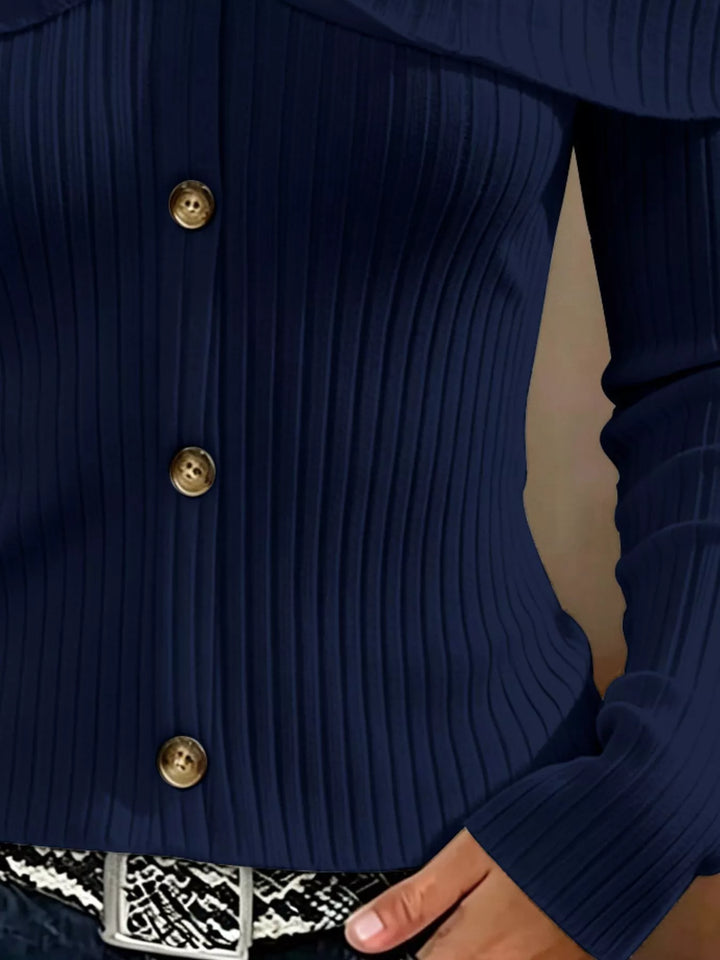 Cold shoulder ribbed knit top with foldover collar and buttons