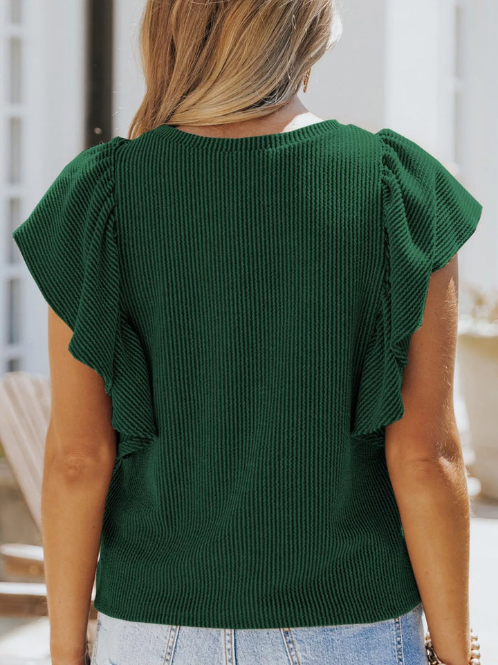 Ribbed knit top with ruffled cap sleeves