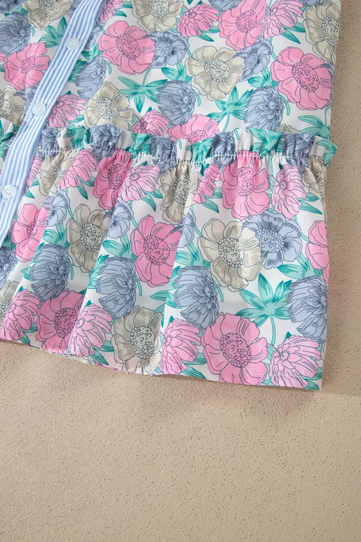 Floral print striped contrast trim belted mini dress