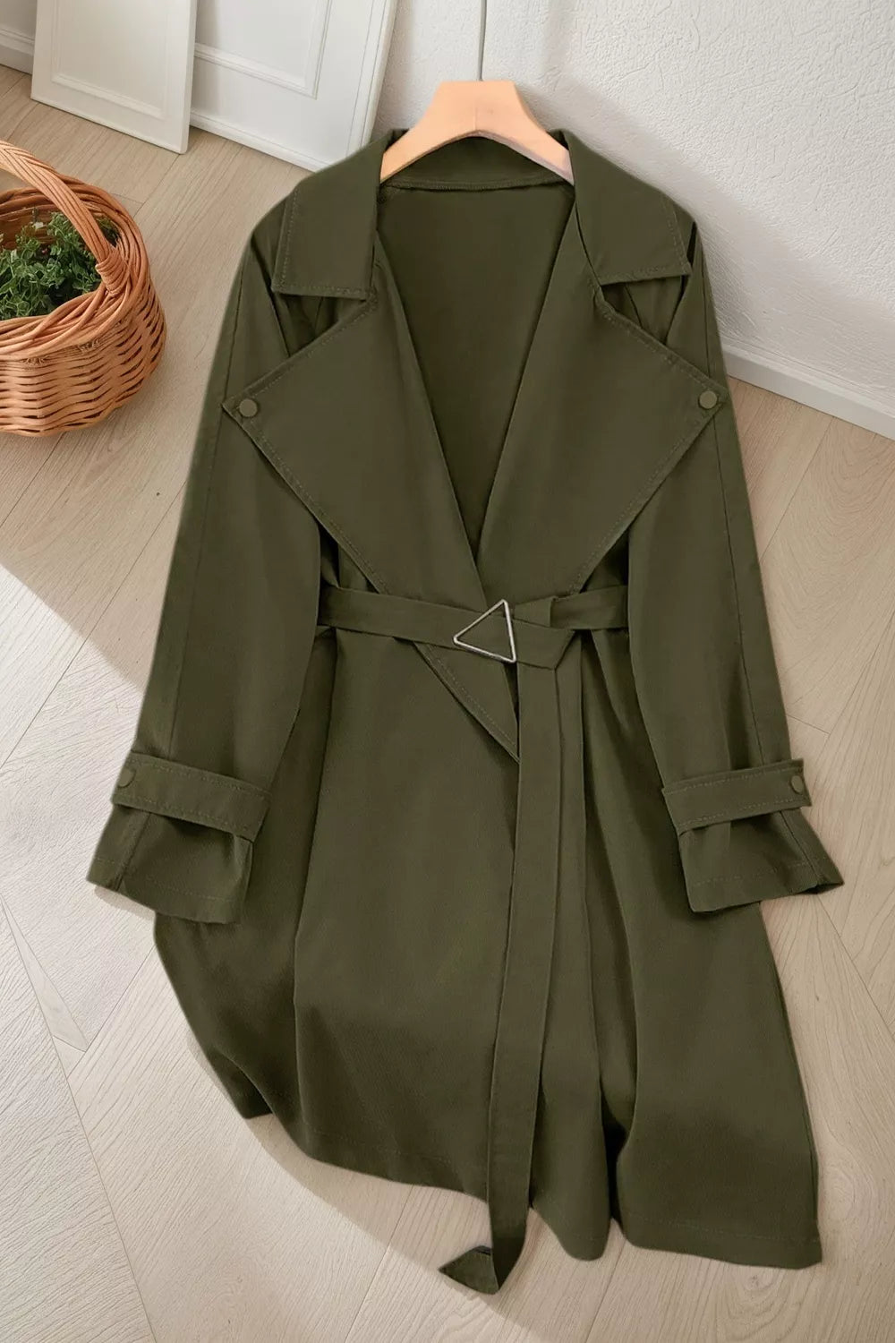 Army Green Wide lapel belted trench coat with epaulette tabs