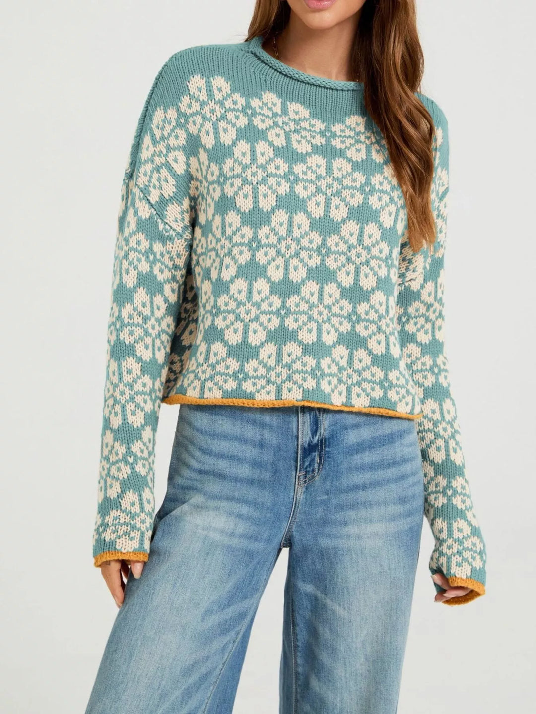 Green Floral knit dropped shoulder sweater with contrast trim