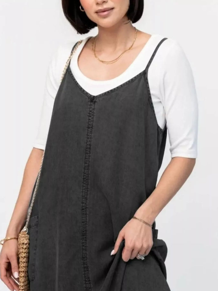 Washed denim cami maxi dress with side pockets