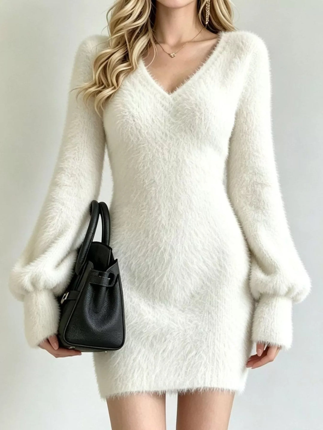 White Fuzzy eyelash knit V-neck sweater mini dress