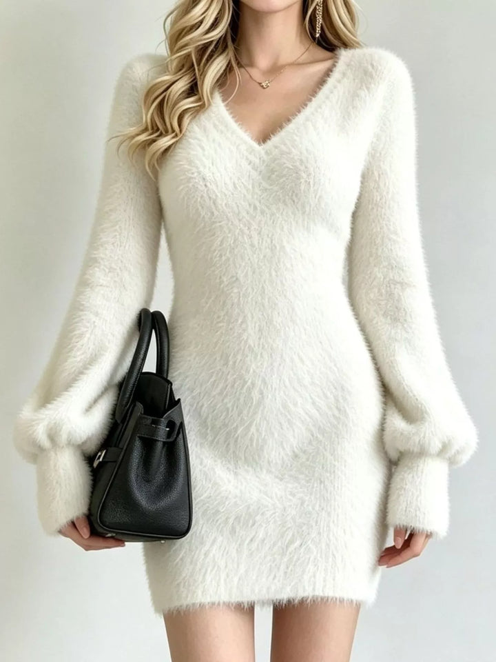 White Fuzzy eyelash knit V-neck sweater mini dress