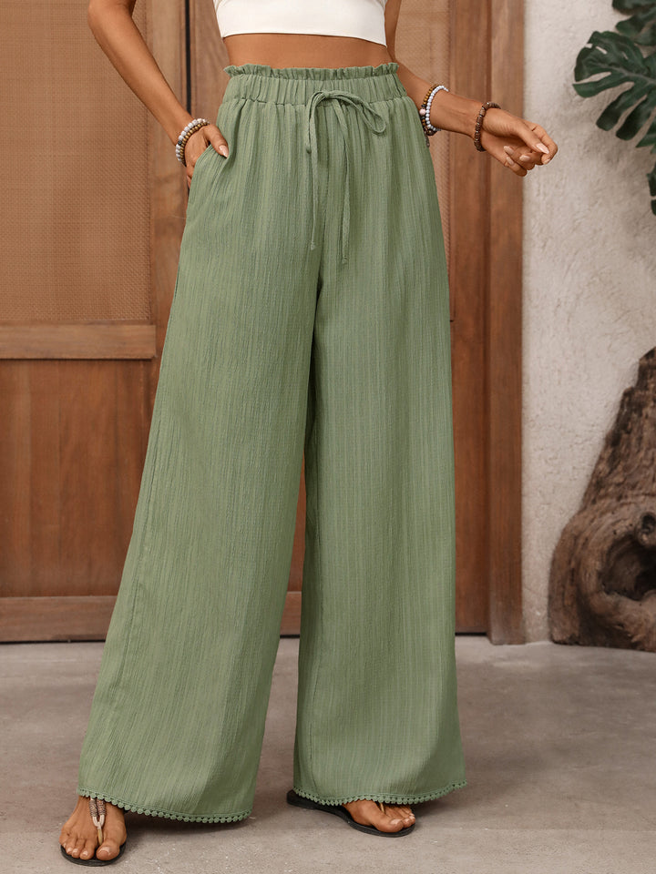Wide leg paperbag waist pants with picot trim hem