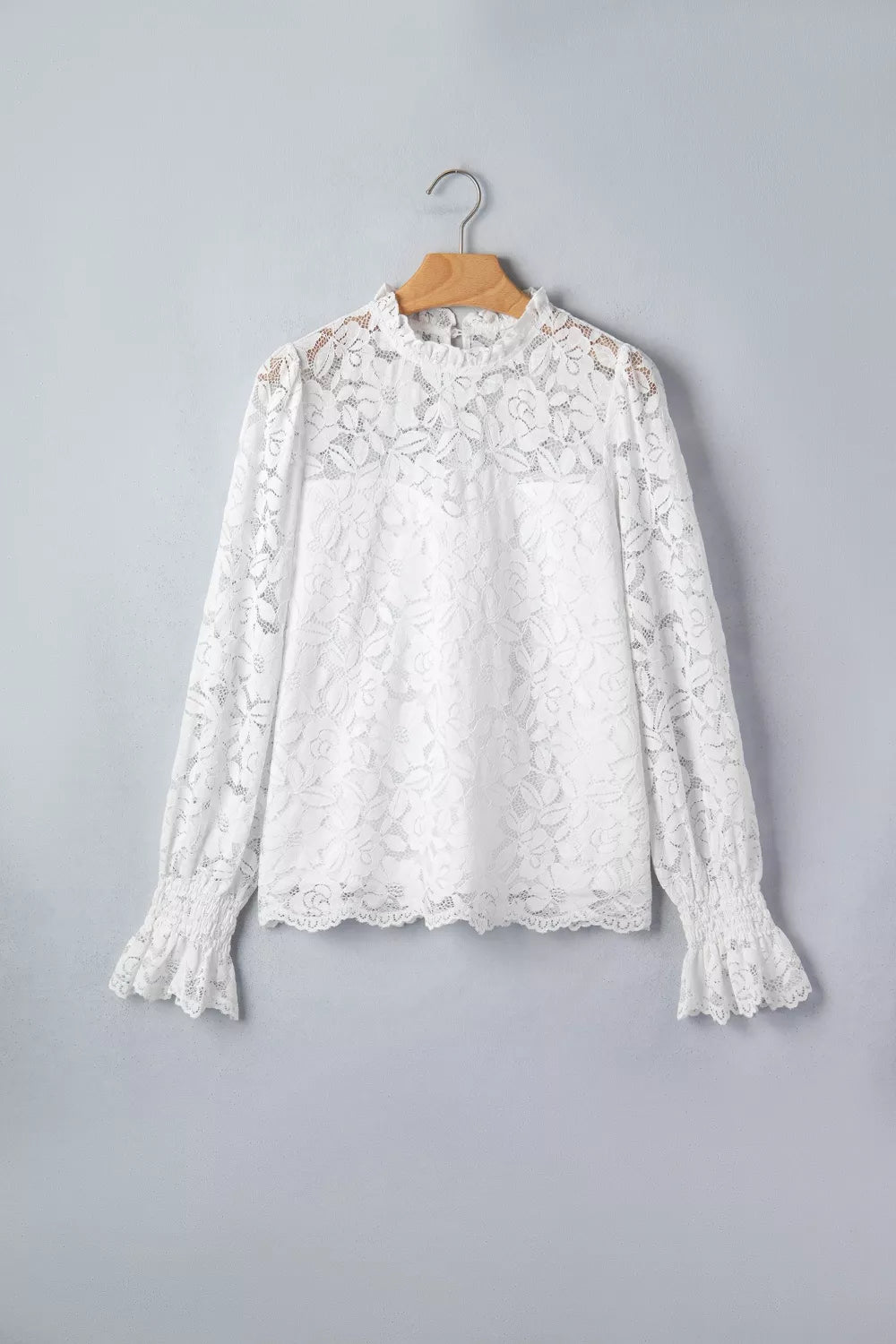 Sheer floral lace blouse with ruffle mock neck and flounce sleeves