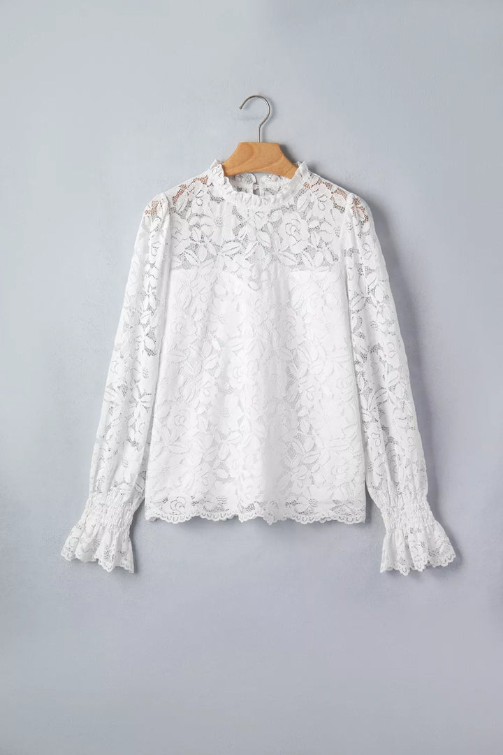 Sheer floral lace blouse with ruffle mock neck and flounce sleeves
