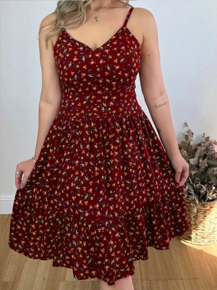 Red Ditsy floral spaghetti strap tiered ruffle midi sundress