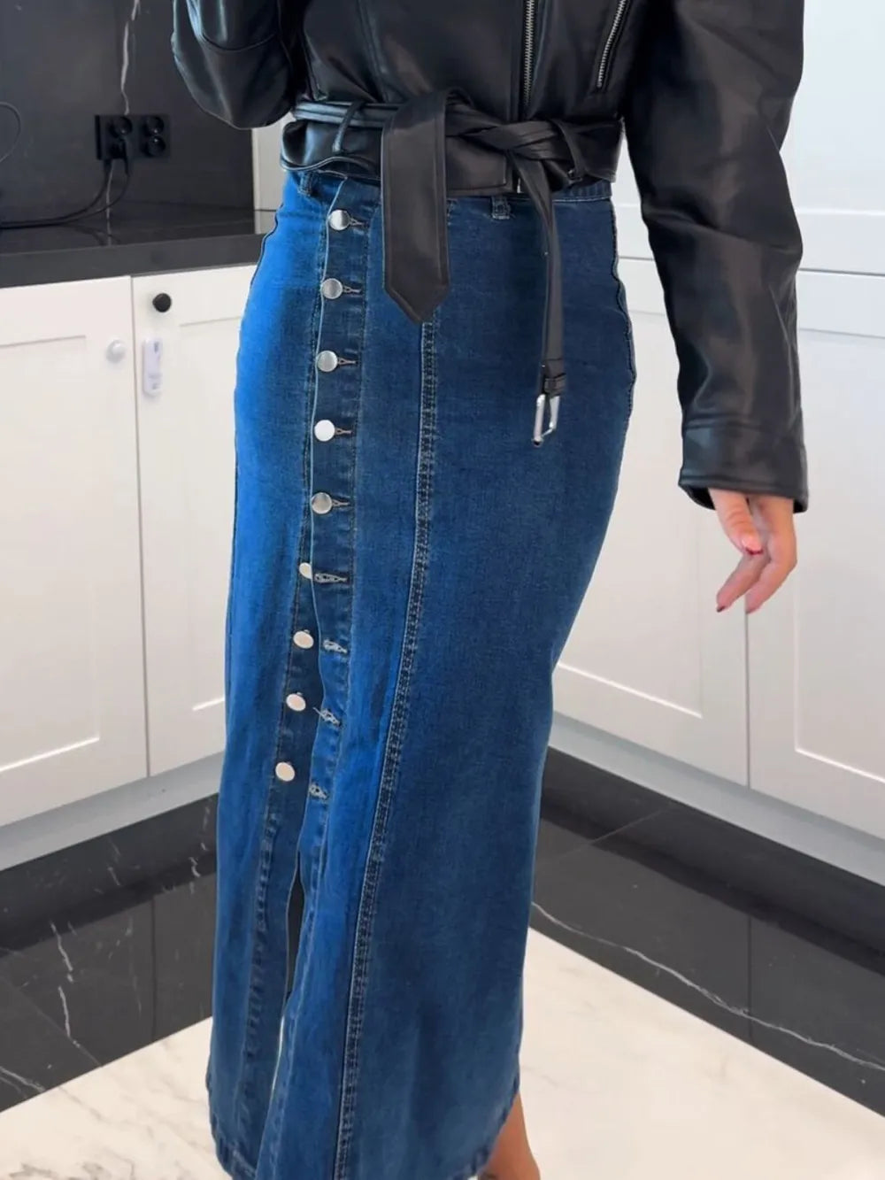 High-waist front-button slit midi denim skirt