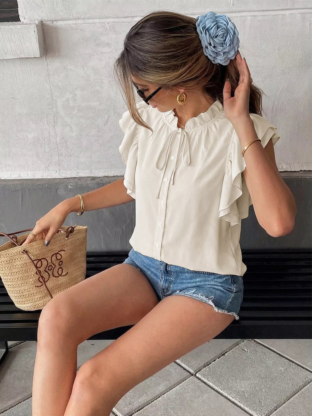 Ruffle sleeve tie-neck button-down blouse