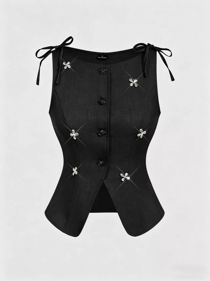 Structured button-front vest with rhinestone flower embellishments