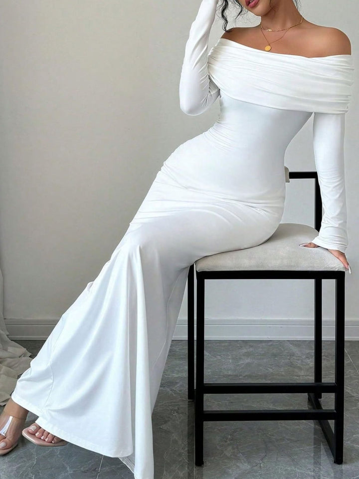 Foldover off-shoulder long sleeve bodycon maxi dress