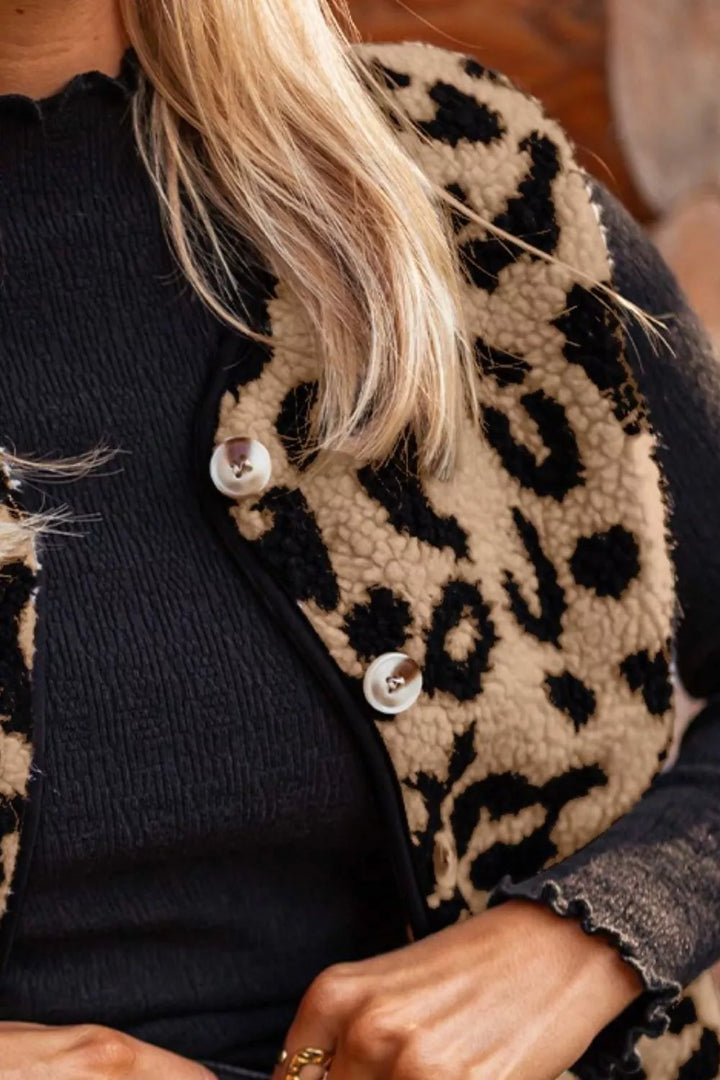 Leopard print sherpa fleece button-front vest
