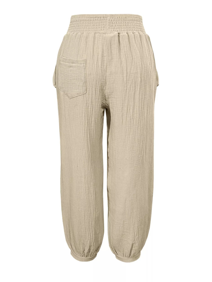Wide-leg smocked waist casual pants in textured weave