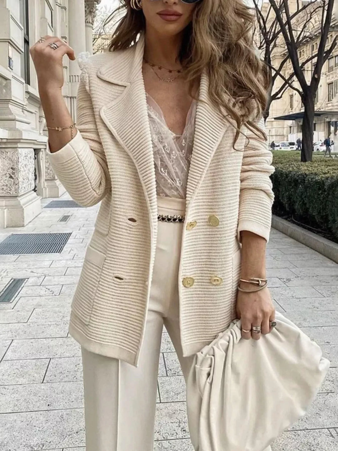 Ribbed knit double-breasted blazer with gold buttons