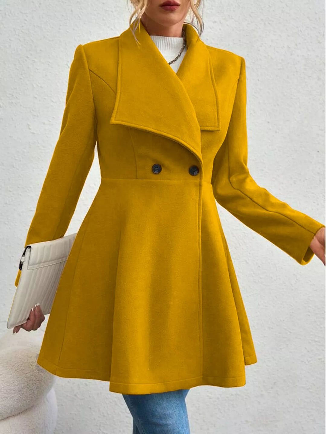 Mustard Wide lapel fit-and-flare coat with peplum hem