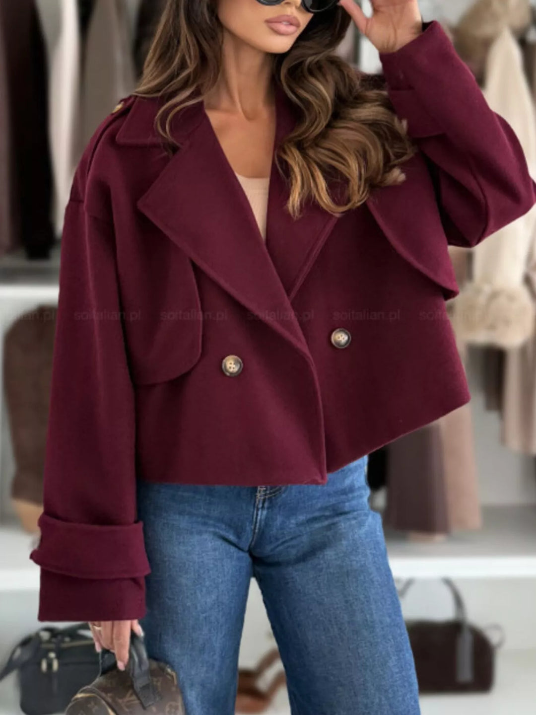 Burgundy Double-breasted cropped coat with notch lapels and button cuffs