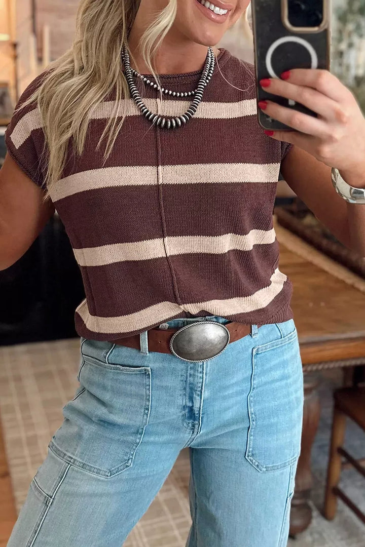 Striped knit short sleeve sweater top with center seam