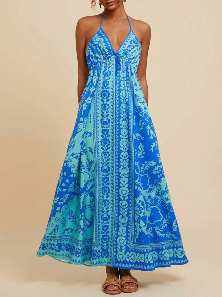 Blue Bohemian floral print halter maxi dress with tie front