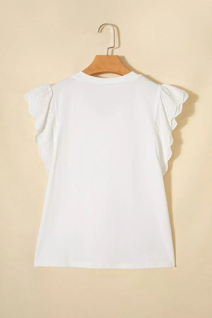 V-neck tee with eyelet embroidered flutter sleeves
