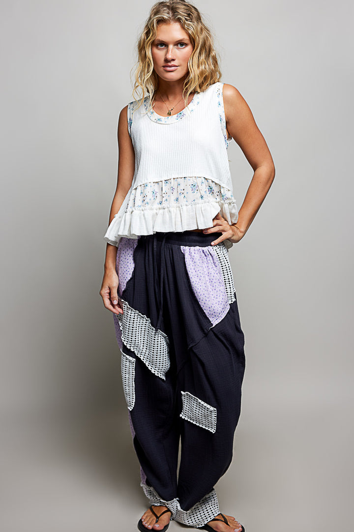 Ribbed tank with floral patch panel and gauze ruffle hem