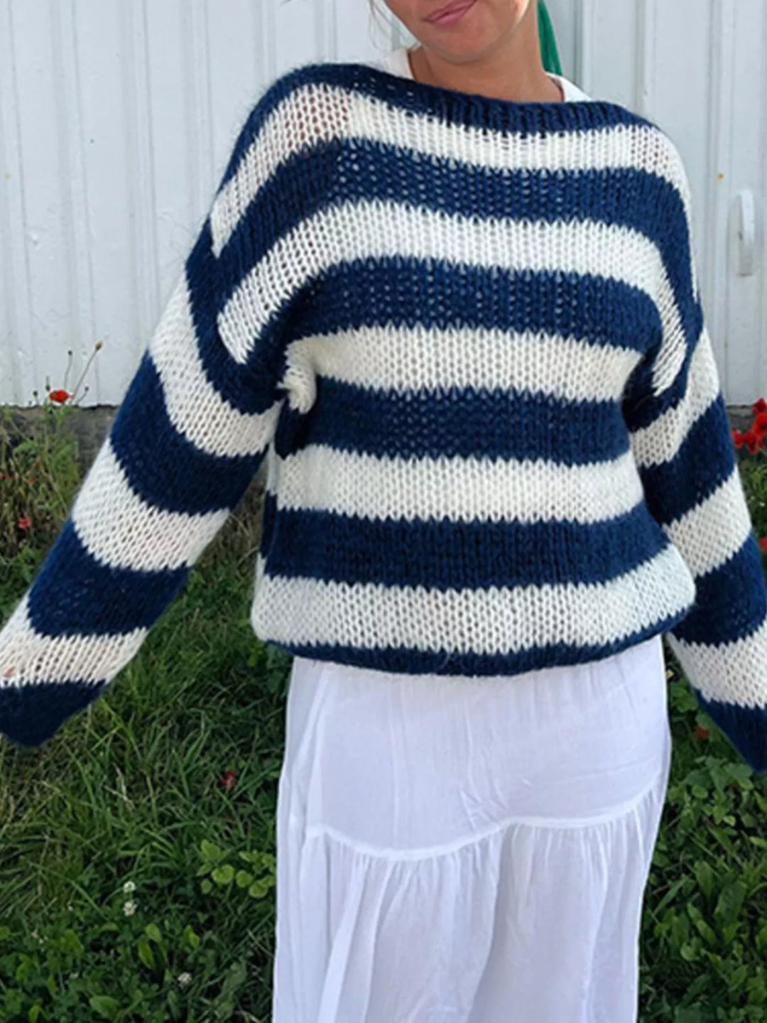 Striped open-knit crew neck sweater with balloon sleeves