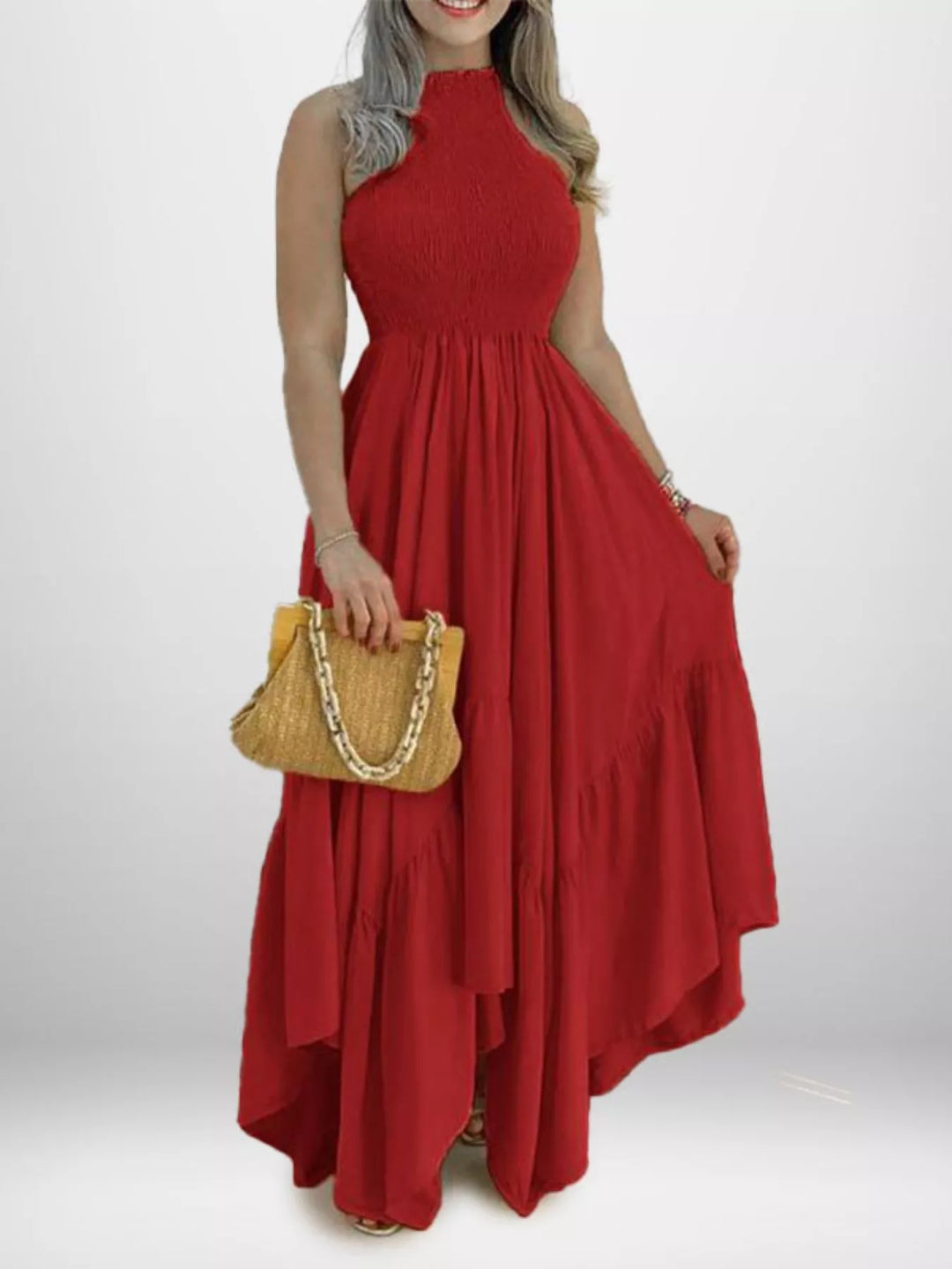 Smocked sleeveless tiered maxi dress with ruffle hem