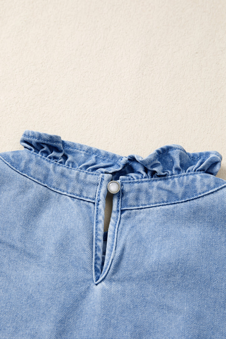 Frayed flutter sleeve denim top with frilled mock neck