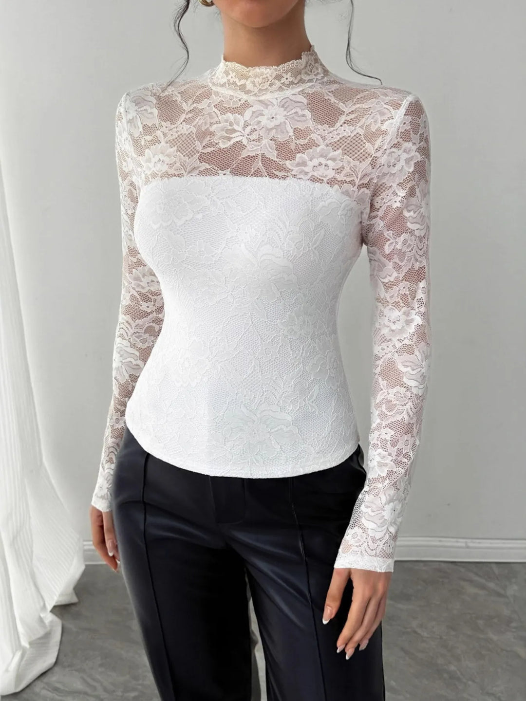 Sheer floral lace mock neck long sleeve top