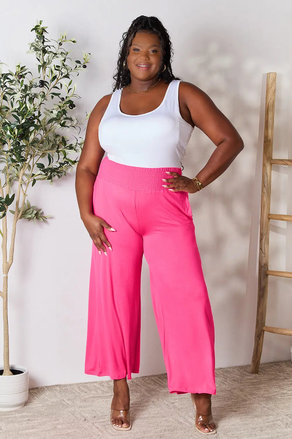 Smocked wide-waistband wide-leg jersey pants with pockets
